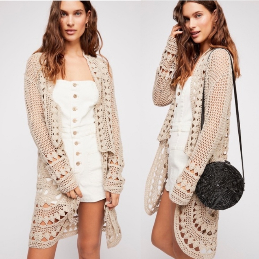 Free People Harmony Long Crochet Cardigan Duster Coverup Open Front Cardigan